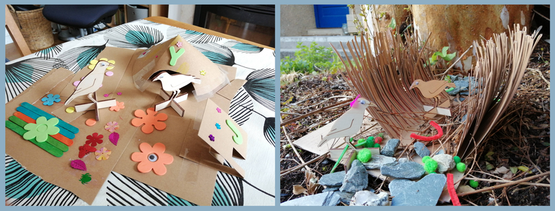 Two photos of card structures - on the left is a cone shape with an opening cut out, two wood bower birds, bright foam flowers and lollypop sticks - on the right is card that has been cut into strips with the strips pointing up in two lines forming a channel, with stones, green pompoms, red pipe cleaners and two wood bower birds, the birds have googly eyes added and one has a bright pink feather on its head.